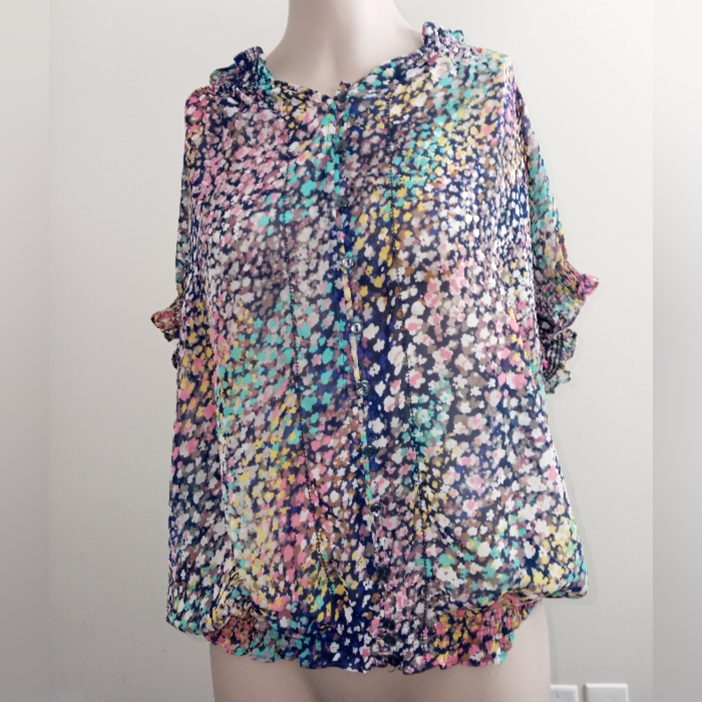 Canyon river blues rainbow floral print blouse size large